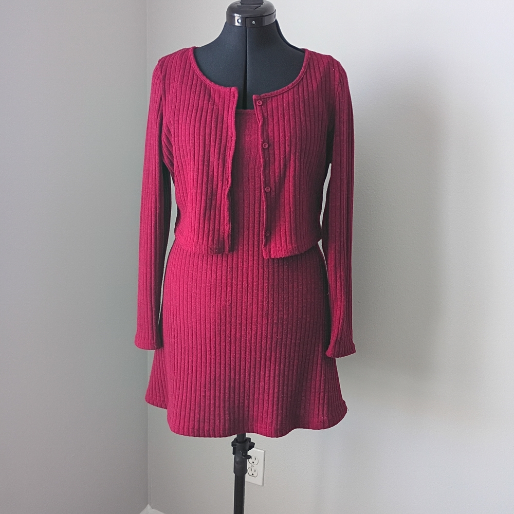 SHEIN Burgundy Ribbed Knit Mini Dress with Cropped Cardigan - Picture 2 of 9